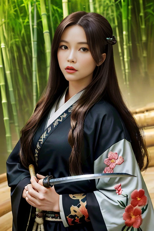 ((highest quality)), ((masterpiece)), (detailed), Perfect Face、Beautiful costumes(High-end kimono(Black kimono(Detailed embroidery)、Japanese sword、Bamboo grove、Brown Hair、A beautiful samurai woman in a kimono with long flowing hair, Capture strength and grace, Backgrounds that make your character stand out, Japanese sword, Courage and beauty、bamboo forest、Hold the sword、Hairstyle: Long hair、Brown Hair