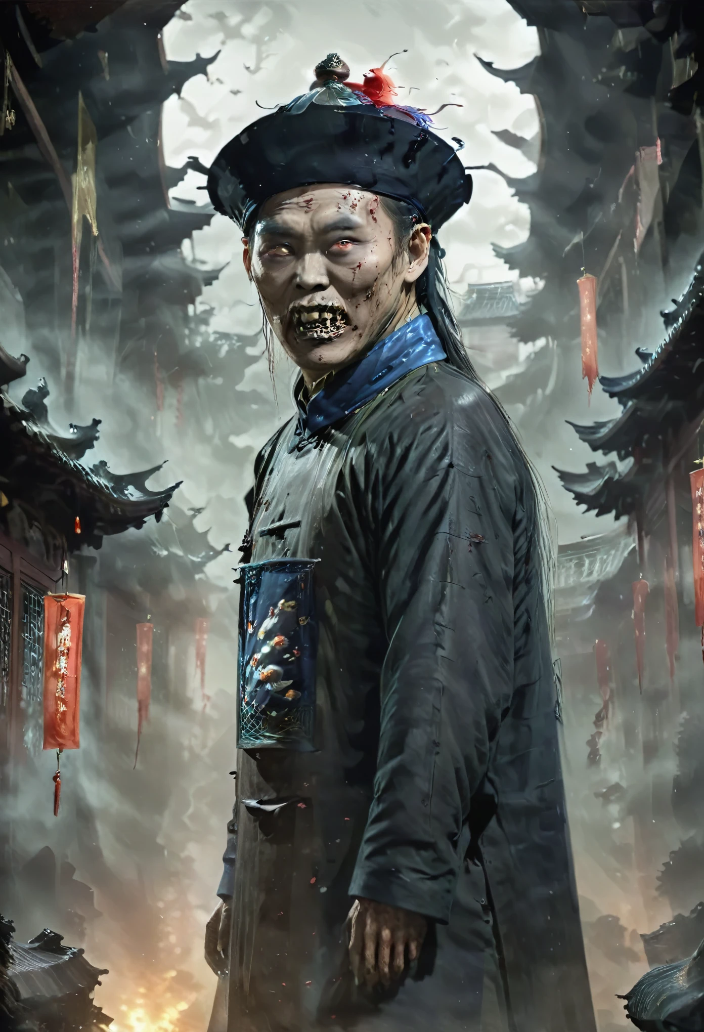 A tall black terrifying Qing Dynasty Zombies man wears Zombies_Wearing a hat and Huangfu paper on the forehead in the middle of the face ,sharp teeth , Teeth and claws,No belt,Wearing the black official uniform commonly worn by Qing Dynasty soldiers (Stills:1.5), (poster:1.5), (Ink and Watercolor Painting:1.5),(Practical),((masterpiece), (best quality), super high resolution, Excellent details, Dramatic Lighting, high resolution, 8K, ridiculous,Chinese building, Chinese tower, obsolete , (Chinese_Clear_Zombies:1.5),The color palette is dark and ominous, Creating an atmosphere of fear. The overall composition reflects the ink elements of Asian horror posters and traditional Chinese aesthetics , (Remove and exclude Japanese and Korean styles).