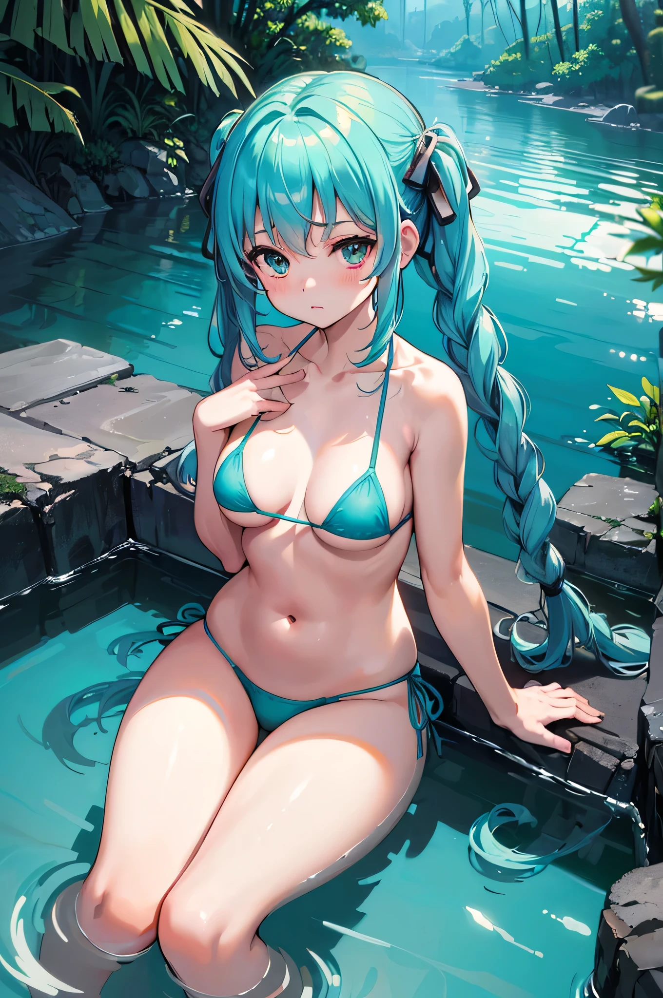 All realistic intricate details: "(medium shot, (1 girl only), Aqua COLOR hair, blush, measurements 91 60 90, (mischievous expression), sitting near a cenote, clavicle, arcane, short (Micro Bikini), twin braids, dynamic poses, Side and natural lighting, In the background, a cenote in the middle of the jungle, (image captured with: Canon EOS R50 camera with Canon R50 RF-S 18-45mm IS STM lens))"