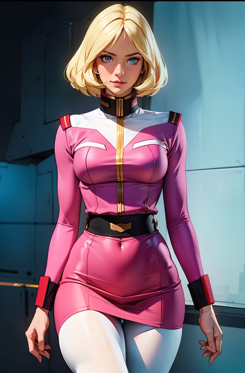 ((masterpiece)), ((cinematic lighting)), realistic photo、Real Images、Top image quality、1girl in, sayla mass, Elegant, masterpiece, Convoluted, slim arms, wide hips, thick thighs, thigh gaps, Best Quality, absurderes, high face detail, Perfect eyes, mature, Cowboy Shot, , Vibrant colors, soft pink uniform, soft pink Skirt, white tights
