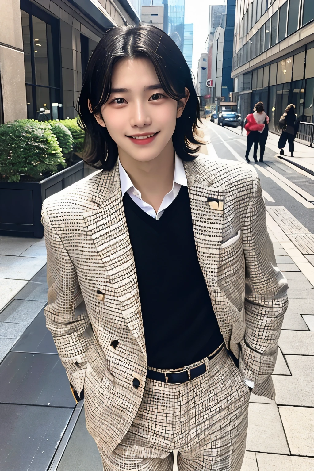 ((highest quality)), ((masterpiece)), (Film aesthetics:1.4) 18-year-old male, Black Hair, whole body, Beautiful clothes, bright, positive, stylish, Clothes without wrinkles, Coordinated, smile, Neat clothes, suit, Beautiful cityscape, 