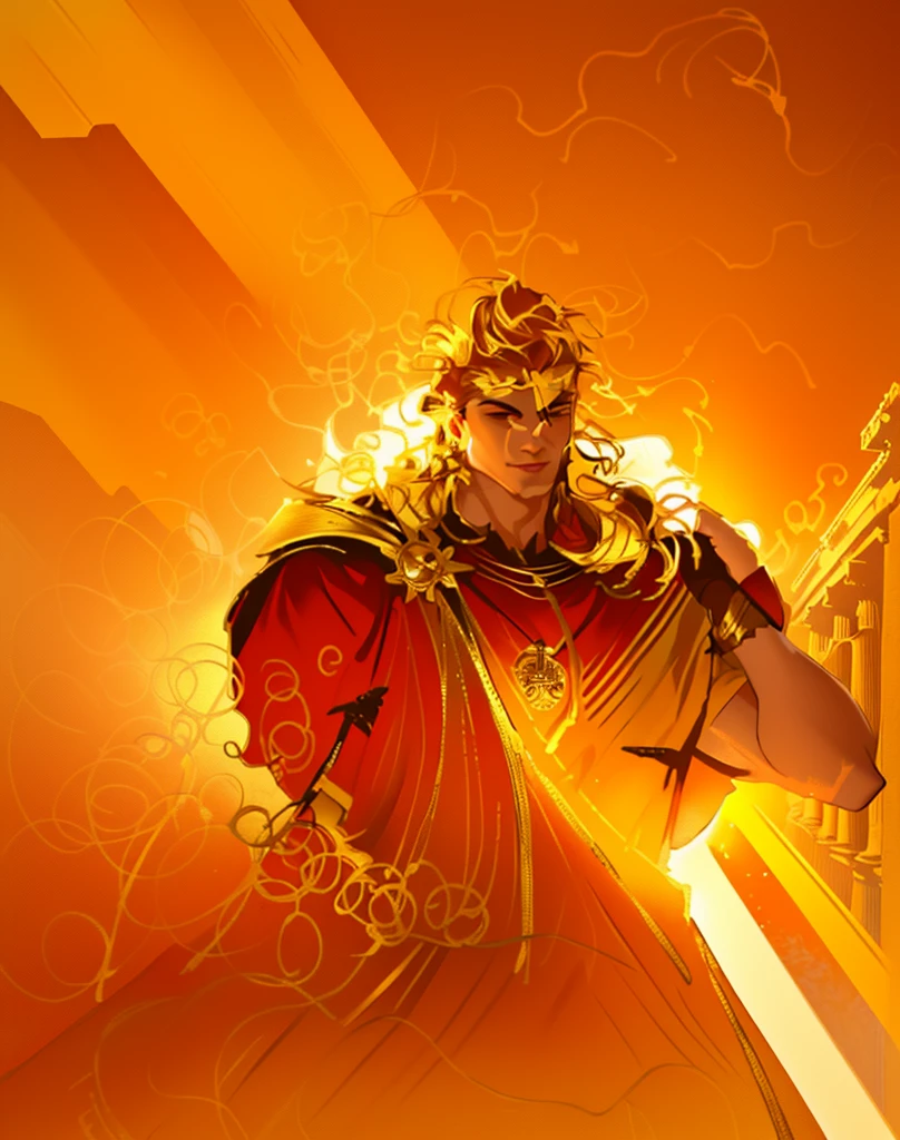 master piece, 8k detail, close up of a painting of a man, the man is the greek god of the Day (sunlight). his hair is on fire and he radiates light, he wears a gold tunic with gold Sun God medal on his right shoulder. He is like Day. The background has the Parthenon plus mountains in the background.