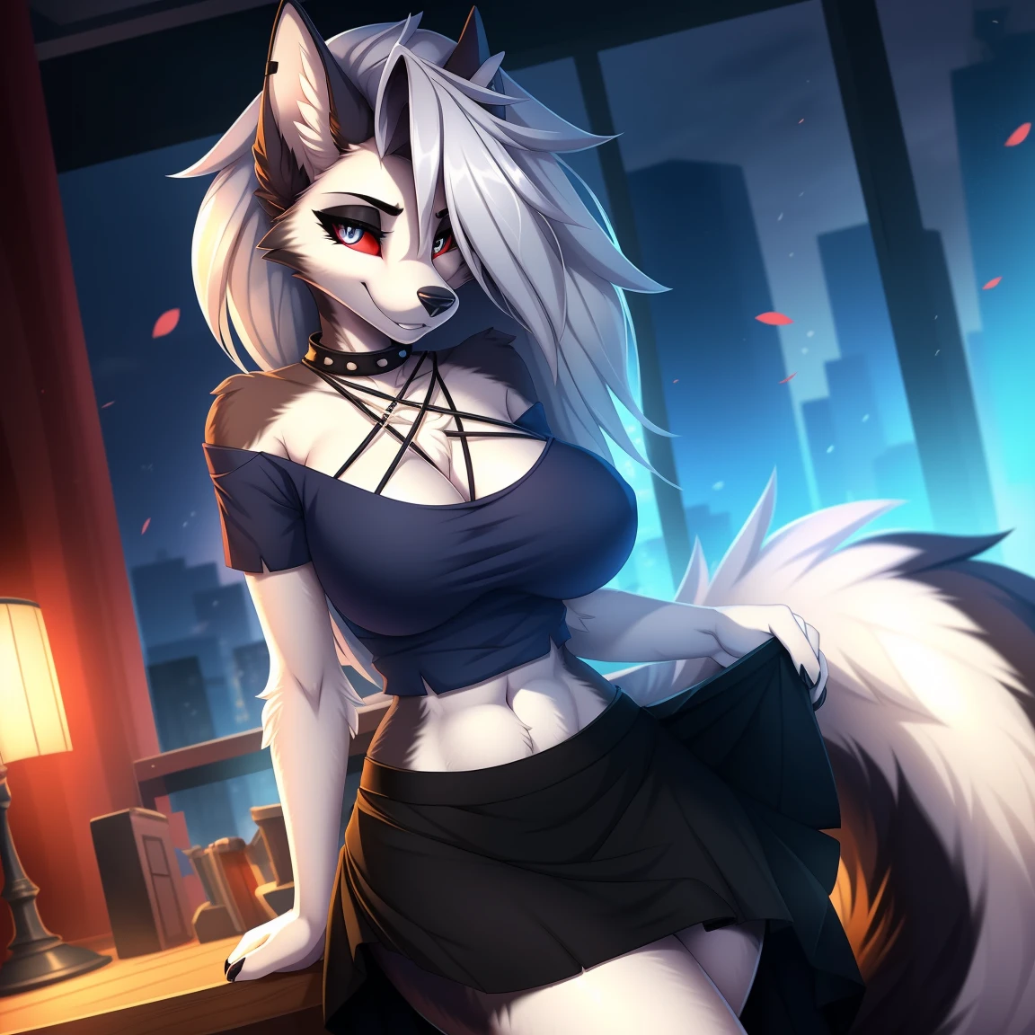 By zinfyuu on pixiv,by twistedscarlet60, uploaded on pixiv, by fluff-kevlar, (masterpiece), (best quality), (anthro furry:1.3, snout:1.2, anthro:1.3, furry:1.2, solo female:1.2), (extremely detailed:1.3), (Detailed eye part: White lens, red iris,black cornea), tall, slim body, sweet smile, wear Black tshirt and long skirt, loona, busty, big breast, thick thighs