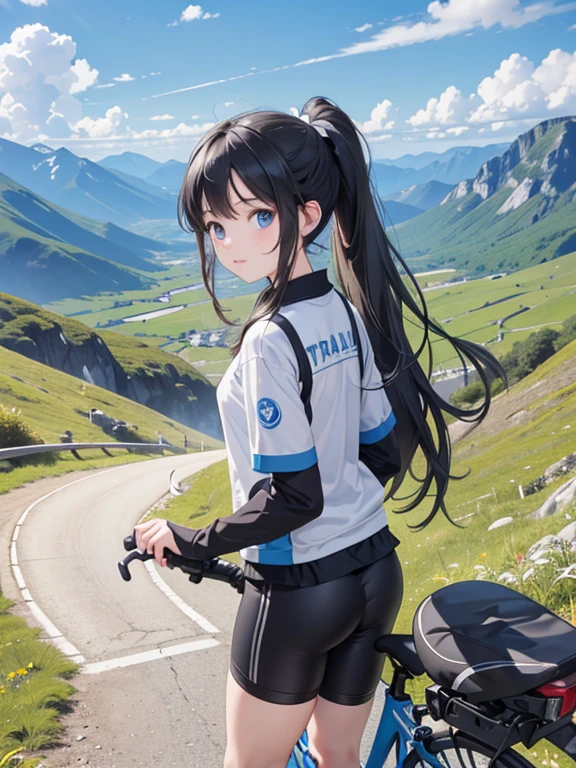masterpiece, highest quality, Very detailed, 16k, Ultra-high resolution, Wide-angle shot, -yeld gi Detailed face, Perfect Fingers, black eye, Black Hair, ponytail, Sportswear, Helmet, blue sky, Mountain trail, Cycling Paths, Ride a bike