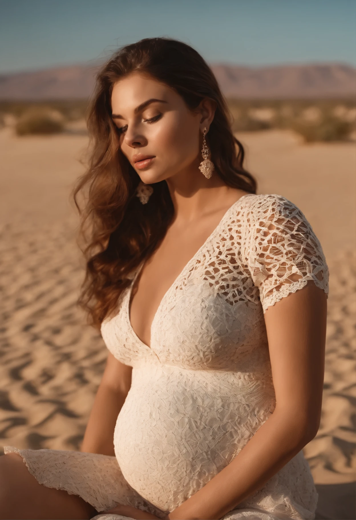 plump woman in a crochet midi dress sitting on a bench in the desert, Sophie Mudd portrait, soft 8k portrait photo, graceful sensual young woman, soft and intricate, ethereal beauty, close-up half body, beautiful young model, anna nikonova aka like newmilky, close up body shot, sensual young woman, beautiful delicate face, in the sand, big breasts, ((huge pregnant)), falling dress, glamorous photography 4k
