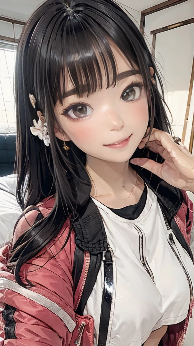 ((((highest quality)))), (((Ultra-precision CG 16K))), (((masterpiece))), (((Very detailed))), (((Extremely detailed))), (((Black outline:1.3, Written boundary depth:1.3 , Written soft outline))), Blur, Bokeh, Maximum clarity and sharpness,Multilayer Texture, Surface Shading, Cinematic lighting, Beautiful details sparkle ,Perfect Proportions, Limited to one woman, BREAK accurate, Anatomically correct, Highly detailed face and skin texture, drawn in detail, Highly detailed facial and skin texture, Detailed eyes, beautiful hair, Beautiful Japanese Idol face, Beautiful and beautiful eyes, Beautiful body, Beautiful breasts, Beautiful thighs, Beautiful legs, Beautiful fingers, (Beautiful views) , skinny body, ((Beautiful Skin)), ((Skin Texture)) BREAK breast enlarged, large Breasts, perky , (blush, archaic smile:1.3, brown eyes, pink cheek, Double eyelids, Thin eyebrows, narrow eyes:1 Natural cheeks, Glossy skin, Fair skin:1.2, (Glossy lips:1.4, shiny lips: 1.4 ), high school , Attractive adult woman ) , twin braid, Long Hair, Striped Hair, Hair Intake, Inner hair color, BREAK (casual, wearing outerwear outfits to button up:1.3) , nail art, necklace, Bridal Ring, wearing a watch BREAK (((\(lie down on a bed\):1.3 , from front, from above , full body Shot, long shot, looking at viewer,