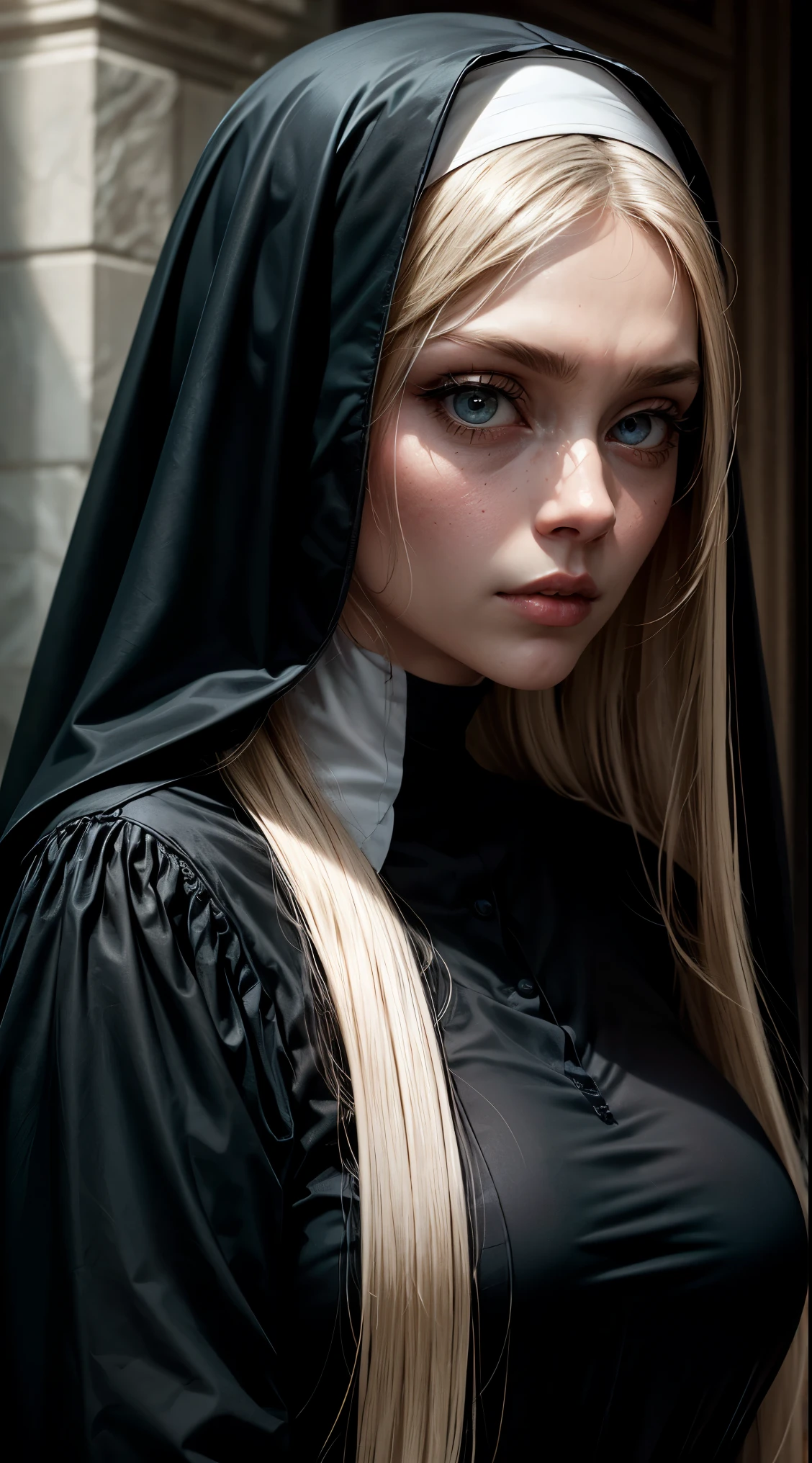 a 50 year old mysterious, dark, woman, nun, Pure blond straight hair, (long hair) (((straight hair))), Detailed hair, Blue Eyes, beautiful eyes, light on the face, pale skin,