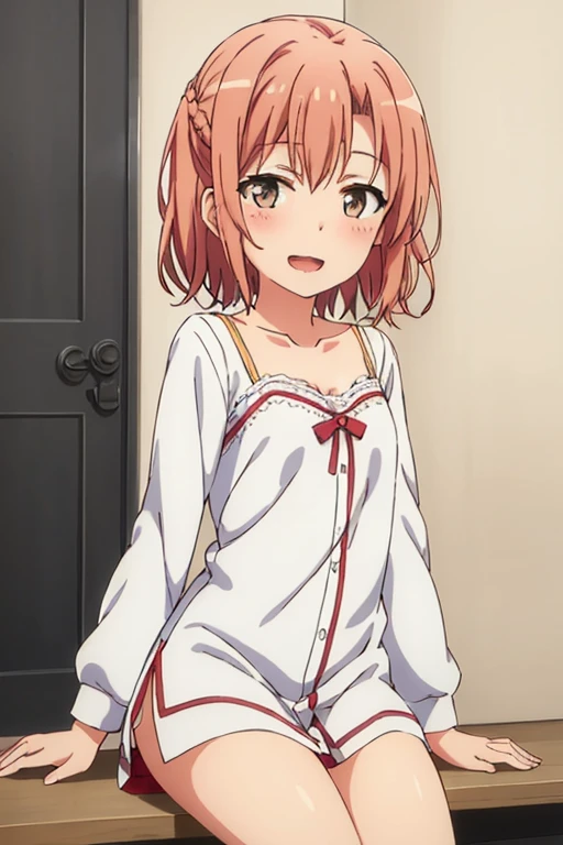 ((highest quality)), ((masterpiece)), (be familiar with), Perfect Face, indoor, Bedroom, Watching the audience,
One woman, Yuigahama Yui,
Open Mouth, Ecstatic expression, blush, smile,
Small breasts, Flat Chest, Young Girl, , , Girl,
Short Hair, Salmon-colored hair, Salmon-colored eyes, Side Pony,
Leg spread,