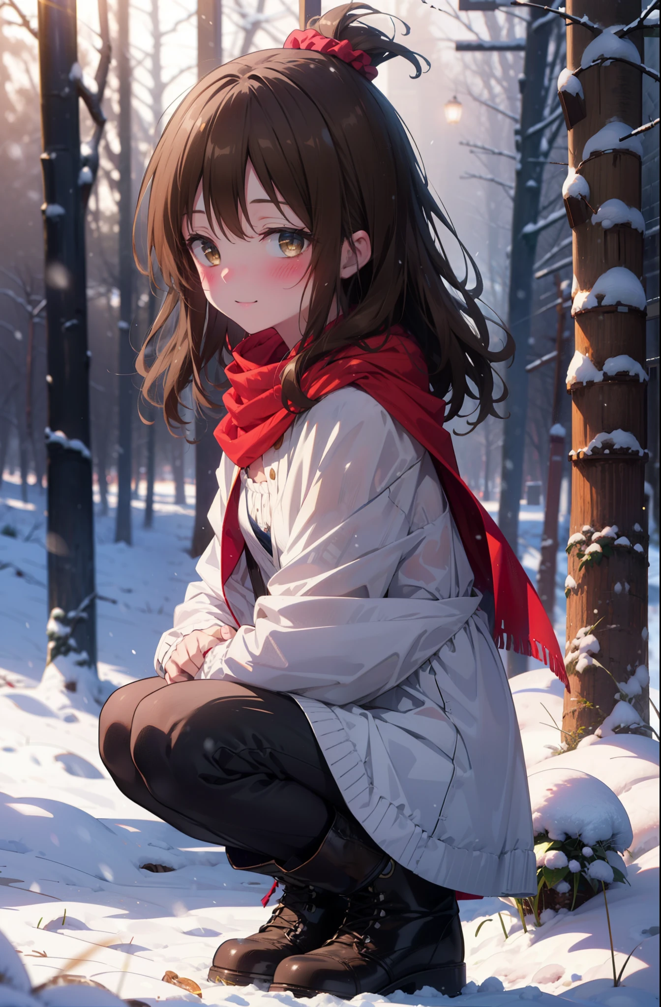 Follow Us, Yuki mandarin orange, (Brown eyes:1.5), Brown Hair, hair ornaments, hair Scrunchie, Long Hair, pink Scrunchie, Scrunchie, (Flat Chest:1.2),smile,,smile,blush,White Breath,
Open your mouth,snow,Ground bonfire, Outdoor, boots, snowing, From the side, wood, suitcase, Cape, Blurred, , forest, White handbag, nature,  Squat, Mouth closed, Cape, winter, Written boundary depth, Black shoes, red Cape break looking at viewer, Upper Body, whole body, break Outdoor, forest, nature, break (masterpiece:1.2), highest quality, High resolution, unity 8k wallpaper, (shape:0.8), (Beautiful and beautiful eyes:1.6), Highly detailed face, Perfect lighting, Highly detailed CG, (Perfect hands, Perfect Anatomy),