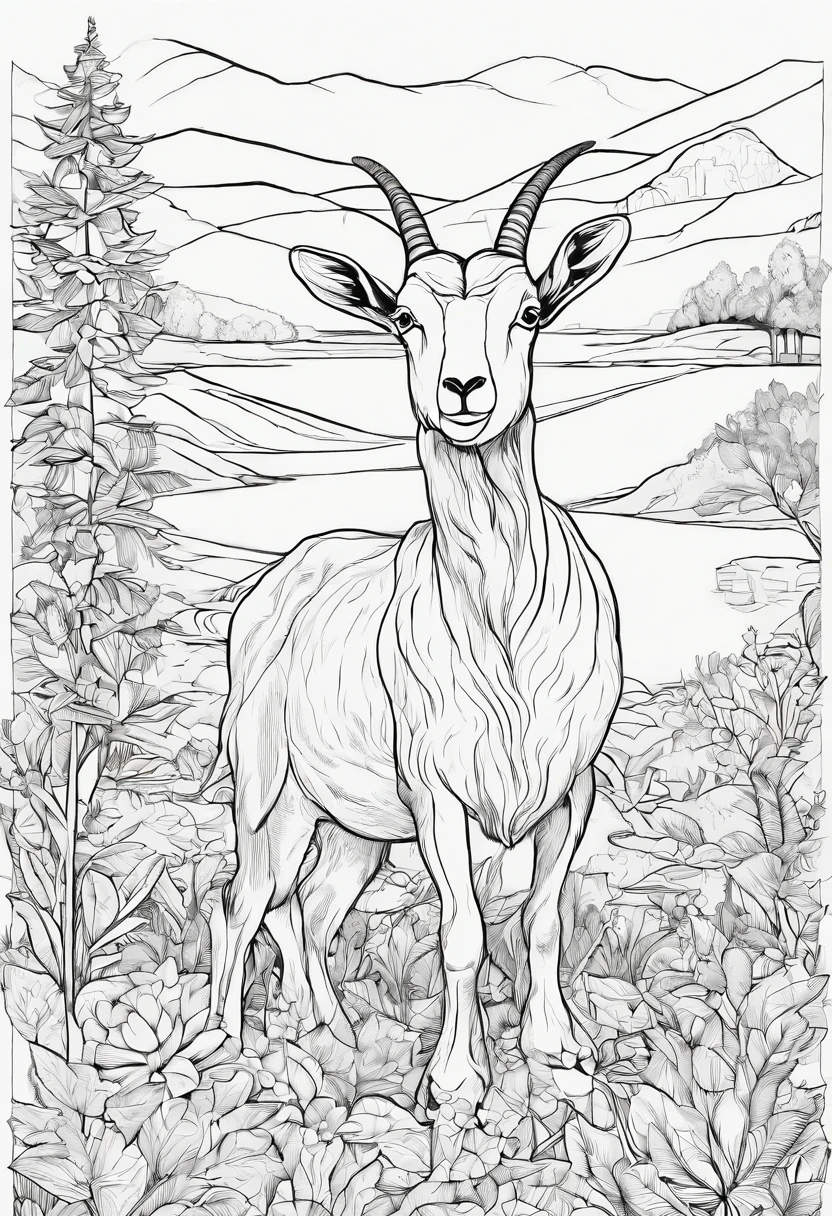 black and white, coloring image, coloring image adult, high quality, sketchbook, 8k, fine lines, rendered in black and white, high definition, White background, goat farmhouse, happy