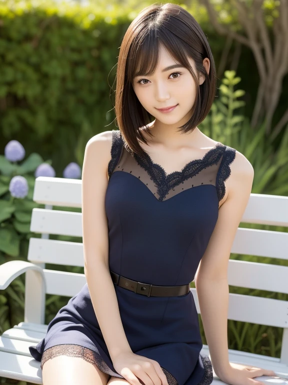 (highest quality:1.5), (Real:1.5), (1 person:1.5), (Very detailed), (High resolution), 8k, Small breasts, Natural color lip, Cute smile, Japanese women, 20 year old girl, (Perfect and beautiful face), (Big eyes), (Beautiful and Cute face), (Beautiful balanced eyes), Beautiful double eyelids, Perfect and beautiful face, Thin arched eyebrows, Slim face, (slim body), beautiful thin nose, beautiful skin, (medium bob hair), natural bangs, fair skin, (with a cute expression), (bright lighting), lighting from the front, (lighting the face), dark blue eyes, slim waistline, (miniskirt), slender and beautiful legs, hydrangeas, garden, (with lace) (wearing a one-piece dress with a micro miniskirt), beautiful and slim thighs, (sit on a bench),