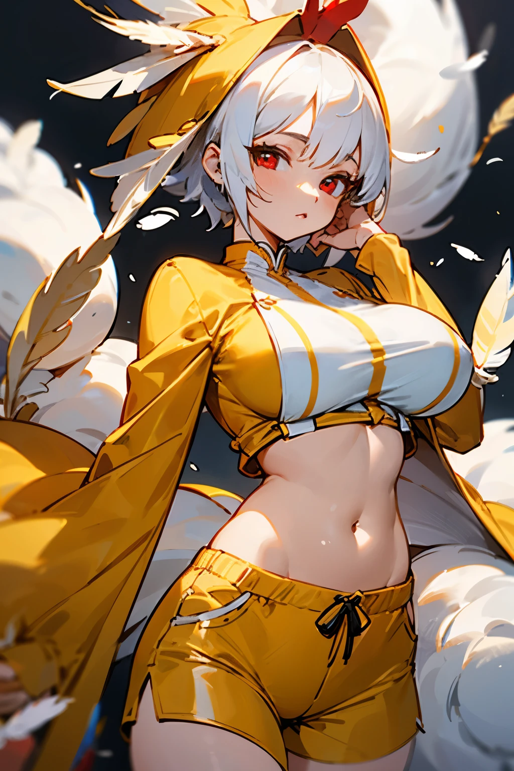 girl, chicken, egg, feathers, chicken costume, big breasts, on her head are two feathers, short white hair, beautiful red eyes, yellow clothes, chicken costume, exposed belly, short pants,