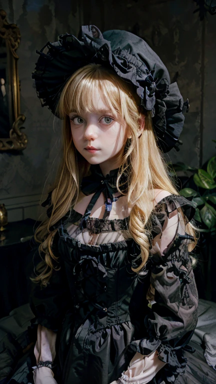 A blonde-haired with long hair and a black dress, Ghostly eyes and curly hair, Gothic hall々and tattered black, Dollpunk, Long blonde hair, Victorian Goth, Gothic Girl, Black Rococo, Inspired by Louis Grel, Doll-like , Victorian Gothic