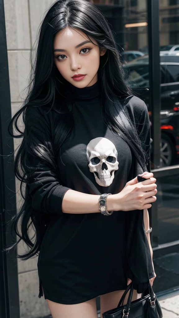 A woman with long black hair and a black shirt with a skull on it.