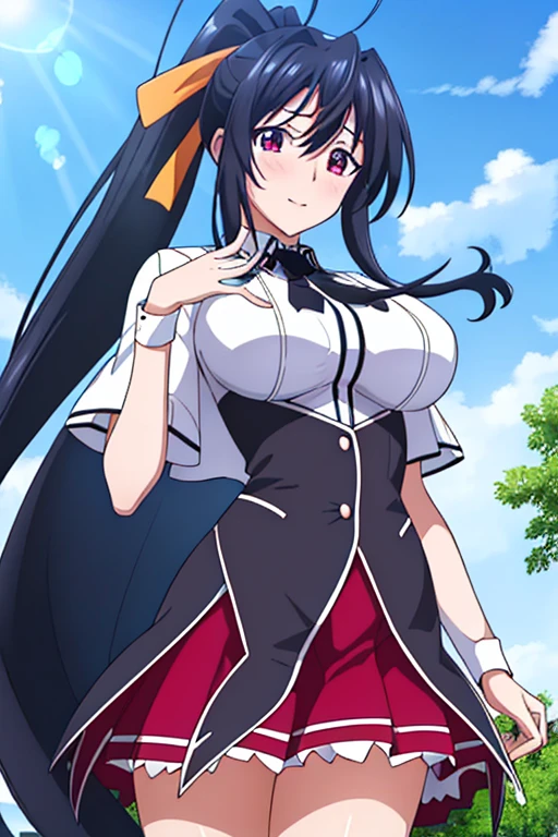 ​masterpiece、top-quality、1 girl in、Behold、cute little、（seaview）、large full breasts、Pink eyes、Akeno Himejima、A dark-haired、long、beautidful eyes、Beautiful brilliance of details、lots of glow、Best Quality, masutepiece, 1girl in, (Solo:1.1), 光线追踪, ultra-detailliert, Detailed face, 8K Wallpaper, wide hips, Smile, Akinohimejima NDV, 1girl in, Black hair, Large breasts, Very long hair, Purple eyes, Red skirt, School uniform, Shirt, corsets, Ponytail, Hair Ribbon, bow ribbon, plein air, , (Skirt lift:1.3), (Black panties:1.3), Fully exposed panties, Rolled up skirt, 1girl in,,Black Neckwear,White shirt,Short_sleeves, sailor_Collar,Red pleated skirt,School uniform,、embarrassed from、red blush、