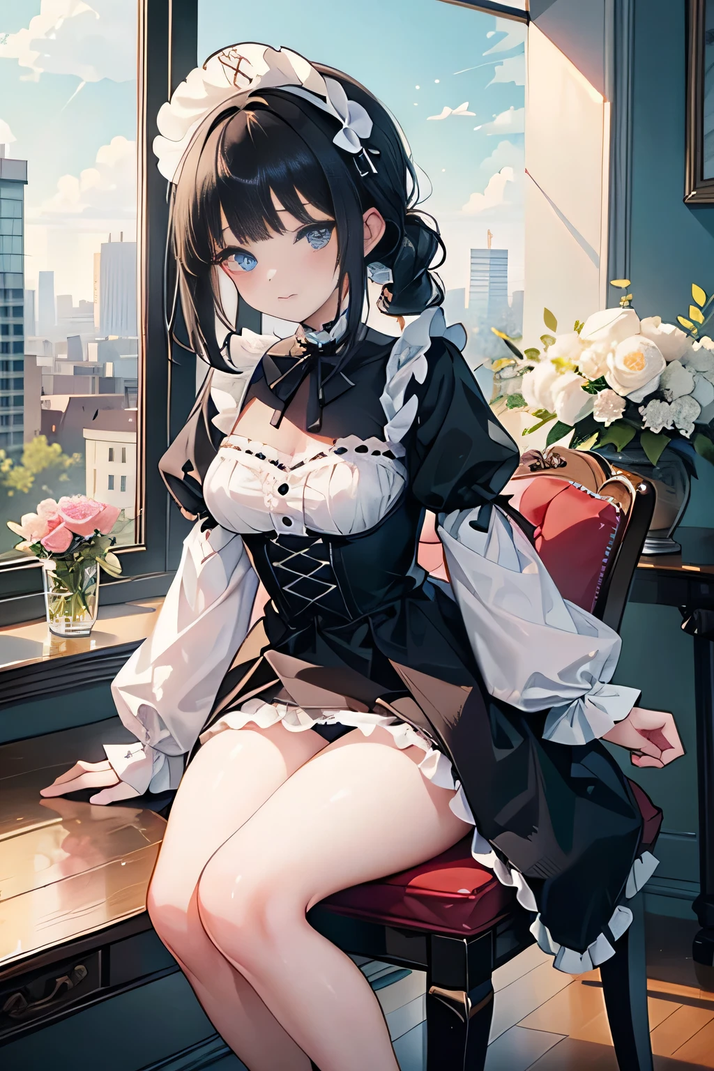  (Vulgar,nsfw),
(beautiful elegant white panties), 
♥(sexy mini dresslolita gothic costume),((1girl,cute,young,semi long beautiful black hair,blunt bangs,pony tale,beautiful blue eyes)),(solo),((masterpiece, highest resolution,best quality)), (beautiful illustration),(lolita gothic costume),
 (looking at the viewer), innocent smile,cinematic lighting,beautiful modern cafe,big city,table,chair,window,flowers,buildings,blue sky