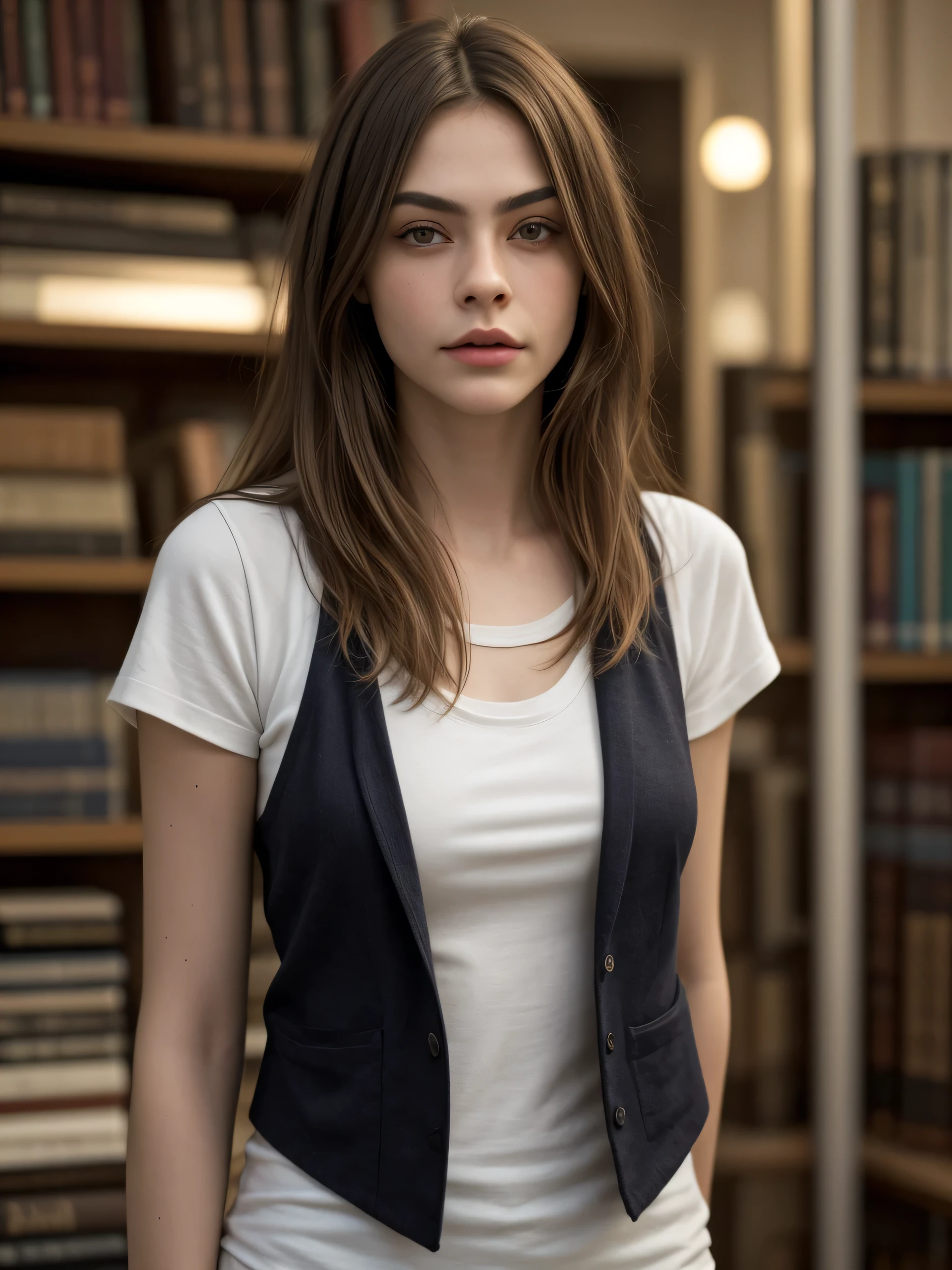 (Best quality, photorealistic, highres, reality, super realistic), Photo rendered by Unreal-engine 5.2, half body portrait, photo of a brunette girl who looking alike Cara Delevingne, wearing tee and vest, delicate face, (at book store), standing, soft lights.