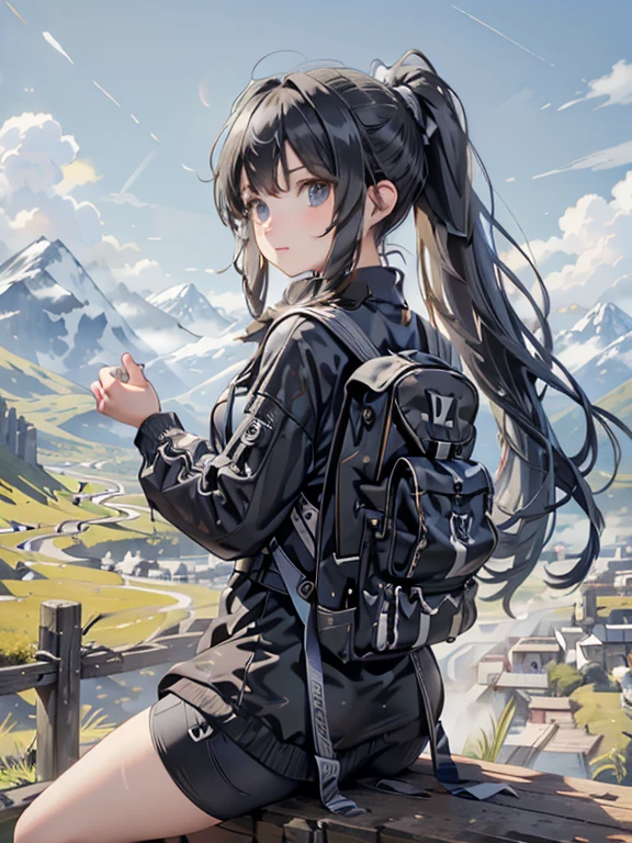 masterpiece, highest quality, Very detailed, 16k, Ultra-high resolution, Wide-angle shot, 12-year-old girl, Detailed face, Perfect Fingers, black eye, Black Hair, ponytail, Sportswear, Helmet, blue sky, Mountain trail, Cycling Paths, Ride a bike