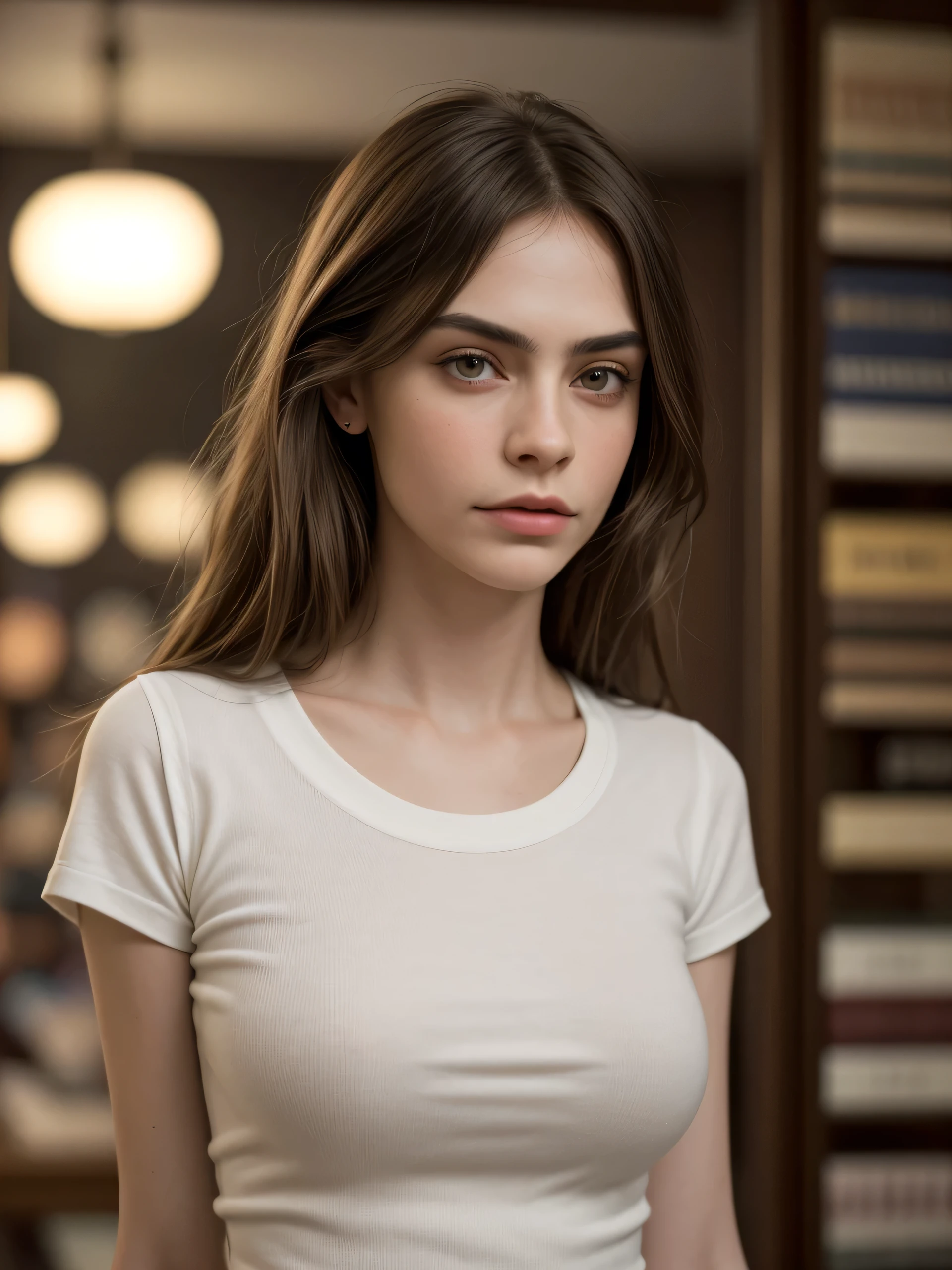 (Best quality, photorealistic, highres, reality, super realistic), Photo rendered by Unreal-engine 5.2, half body portrait, photo of a brunette girl who looking alike Cara Delevingne, wearing tee and vest, delicate face, (at book store), standing, looking away from viewer, soft lights.