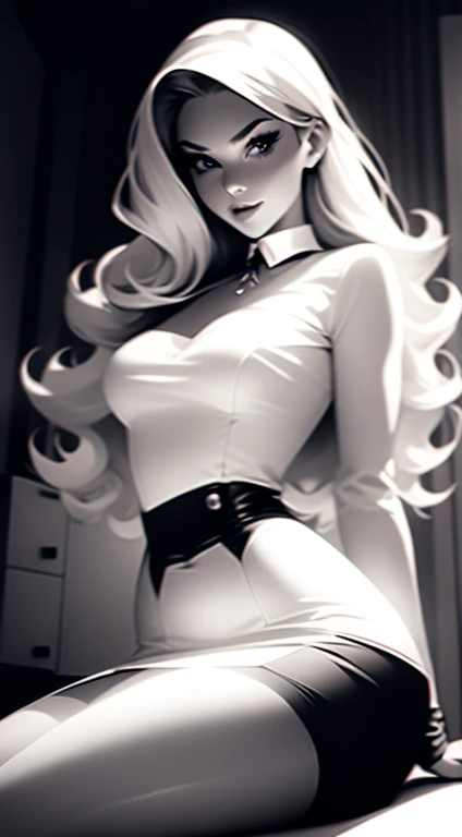 Beautiful 20yr old girl, blonde, detailed, toned body, femme fatale, Noir et blanc, monochrome, looking at viewer, secretary dress, white opaque stockings