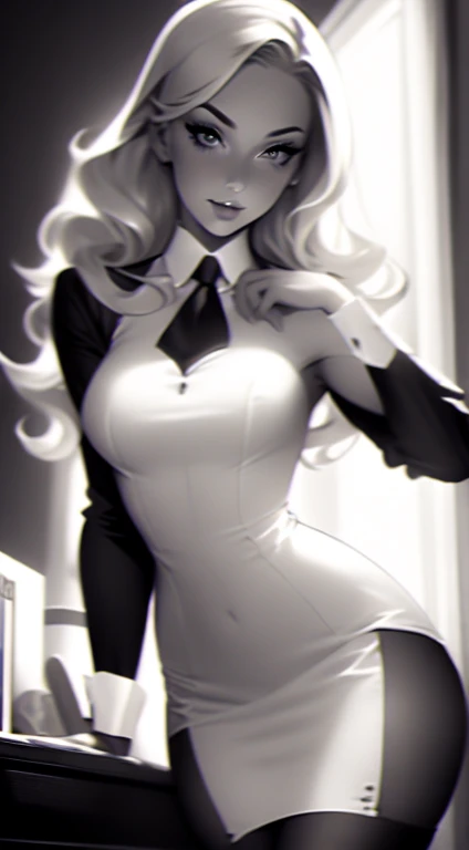 Beautiful 20yr old girl, blonde, detailed, toned body,  femme fatale, Noir et blanc, monochrome, looking at viewer, secretary dress, white opaque stockings