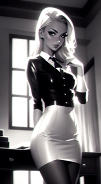 Beautiful 20yr old girl, blonde, detailed, toned body, femme fatale, Noir et blanc, monochrome, looking at viewer, secretary dress, white opaque stockings