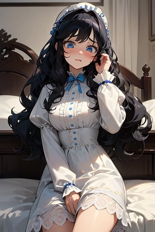 (masterpiece, best quality), warm lighting, blurry foreground, 1 girl, cowboy shot, ((white lace dress)), (((fluffy hair))), makeup, finely detailed, (best quality), (intricate details), ((Long jet black hair)), ((Hair is fluffy)), best quality, (PJs), ((round eyes)), beautiful face, cute face, pinup, perfect face, (((blue eyes))), ((curly long hair)), ((scared expression)), (In victorian style bedroom, in bed), (staring at POV scared)