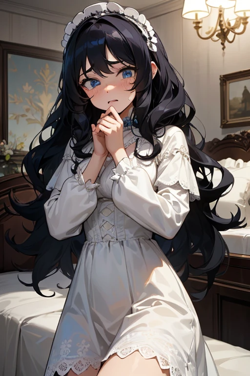 (masterpiece, best quality), warm lighting, blurry foreground, 1 girl, cowboy shot, ((white lace dress)), (((fluffy hair))), makeup, finely detailed, (best quality), (intricate details), ((Long jet black hair)), ((Hair is fluffy)), best quality, (PJs), ((round eyes)), beautiful face, cute face, pinup, perfect face, (((blue eyes))), ((curly long hair)), ((scared expression)), (In victorian style bedroom, in bed), (staring at POV scared)