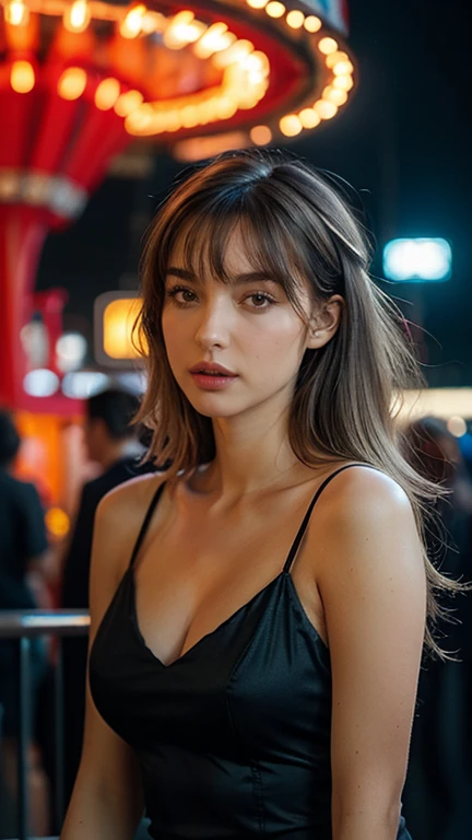 (Ultra-detailed eyes), (((textile shading))), (((Best Quality))), (((masterpiece))) sassy girl, (((realistic:1.3 ))), a Thailand korean mixed girl with bright layered blonde bun hair, unusual Cyberpunk hairstyles choices, ((with bangs, gorgeous hair)), brown big eyes, (((retro futuristic sexy sensual seductive transparent grayish Outfits))), ((sensual seductive pose)), (gorgeous, sassy, it girl), fancy jewelry, in empty spooky night carnival ride in the city at night, strong night carnival scary atmosphere, strong night carnival spooky atmosphere, cowboy shot, midshot, centered image, eye on camera, racer first in line costume, carnival scary color, grayish Cyberpunk fashion choices