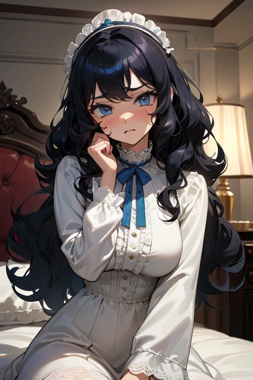 (masterpiece, best quality), warm lighting, blurry foreground, 1 girl, cowboy shot, ((white lace dress)), (((fluffy hair))), makeup, finely detailed, (best quality), (intricate details), ((Long jet black hair)), ((Hair is fluffy)), best quality, (PJs), ((round eyes)), beautiful face, cute face, pinup, perfect face, (((blue eyes))), ((curly long hair)), ((scared expression)), (In victorian style bedroom, in bed), (staring at POV scared)