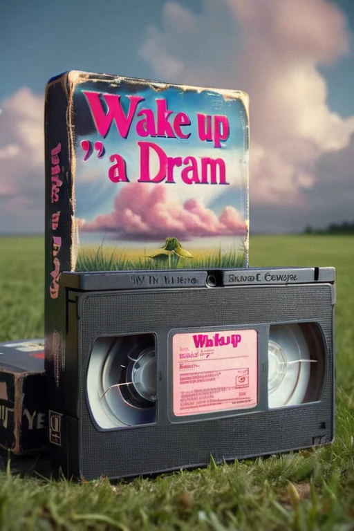 vhs tape, a movie called ( " wake up you're in a dream text logo ) - featuring a pink water with clouds and grass