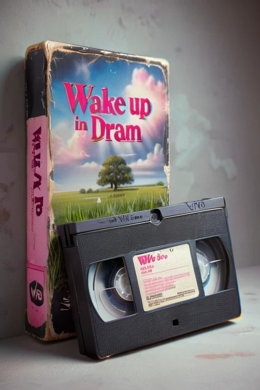 vhs tape, a movie called ( " wake up you're in a dream text logo ) - featuring a pink water with clouds and grass