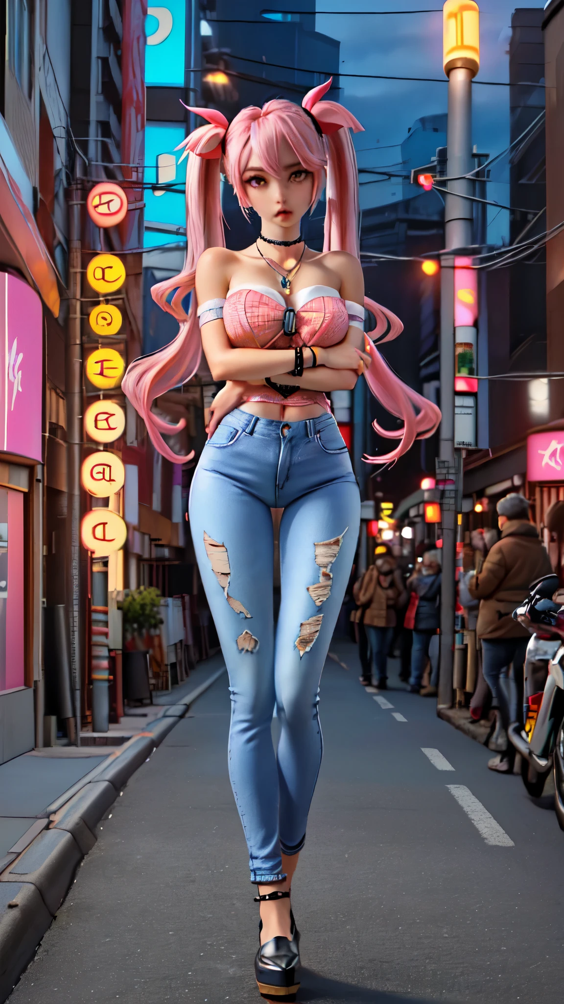 ((One girl White Gal 2Head to Body Deformed Girl Hair color: Light cherry Twin tails The length is semi-long Deep vivid pink extensions for a mesh look Mole under the right side of the mouth)(The outfit is a pink strapless top. Accented with yellow Body-hugging material shoulder、arm、The stomach is visible) (Pants are skinny jeans Aging processing Color: Black)(A thin silver chain necklace around the neck The pendant top has a cross motif. On her right wrist she wears three thin silver chain bracelets.)(The shoes are black platform loafers)(The place is the intersection of Shibuya at night The neon lights are shining)(The girl is facing forward The camera angle is long so the whole body can be seen(Pixar Taste)))High definition Pink tube top Black damaged jeans