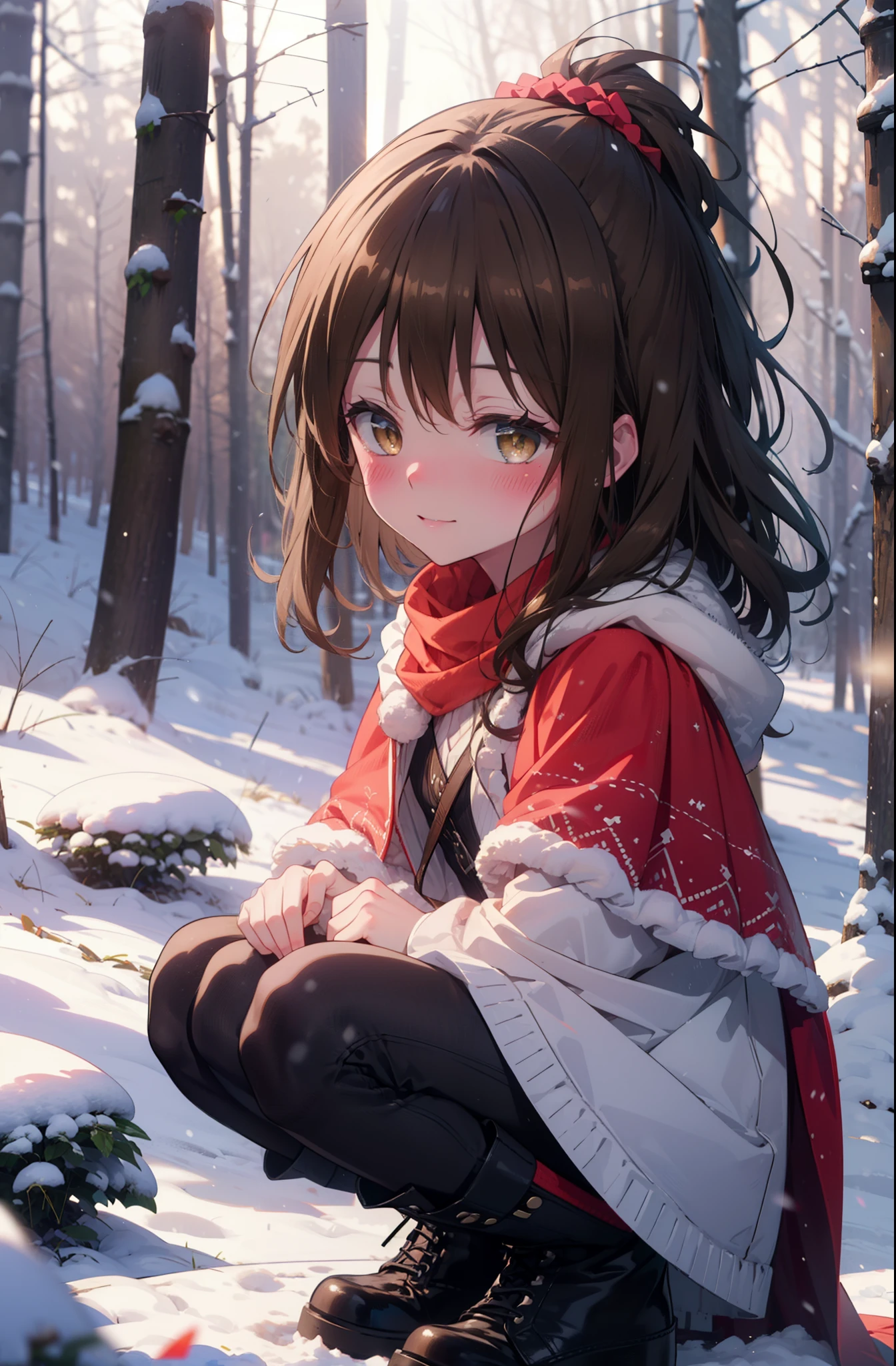 Follow Us, Yuki mandarin orange, (Brown eyes:1.5), Brown Hair, hair ornaments, hair Scrunchie, Long Hair, pink Scrunchie, Scrunchie, (Flat Chest:1.2),smile,,smile,blush,White Breath,
Open your mouth,snow,Ground bonfire, Outdoor, boots, snowing, From the side, wood, suitcase, Cape, Blurred, , forest, White handbag, nature,  Squat, Mouth closed, Cape, winter, Written boundary depth, Black shoes, red Cape break looking at viewer, Upper Body, whole body, break Outdoor, forest, nature, break (masterpiece:1.2), highest quality, High resolution, unity 8k wallpaper, (shape:0.8), (Beautiful and beautiful eyes:1.6), Highly detailed face, Perfect lighting, Highly detailed CG, (Perfect hands, Perfect Anatomy),