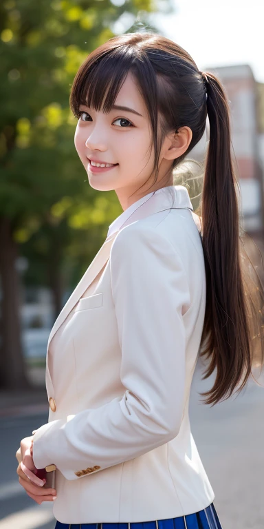 1 girl, (Please wear your high school blazer uniform:1.2), (18-year-old:1.5), （original　Cai Neihua）, Young Face, Cute Face, (RAW Photos, highest quality), (Realistic, Photorealistic:1.4), Flying debris, Sharp focus, Very delicate and beautiful, Very detailed, 2k wallpaper, wonderful, finely, Very detailed CG Unity 8K 壁紙, Very detailed, High resolution, Soft Light, Beautiful detailed girl, Very detailed目と顔, Beautiful and detailed nose, Beautiful and detailed, Blake Springs Street Corner, Cinema Lighting, Perfect Anatomy, Slender body, Straight Long, Long Hair, Parted bangs, An innocent smile, （Looking at the audience）,Twin tails