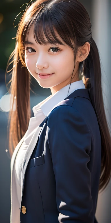 1 girl, (Please wear your high school blazer uniform:1.2), (18-year-old:1.5), （original　Cai Neihua）, Young Face, Cute Face, (RAW Photos, highest quality), (Realistic, Photorealistic:1.4), Flying debris, Sharp focus, Very delicate and beautiful, Very detailed, 2k wallpaper, wonderful, finely, Very detailed CG Unity 8K 壁紙, Very detailed, High resolution, Soft Light, Beautiful detailed girl, Very detailed目と顔, Beautiful and detailed nose, Beautiful and detailed, Blake Springs Street Corner, Cinema Lighting, Perfect Anatomy, Slender body, Straight Long, Long Hair, Parted bangs, An innocent smile, （Looking at the audience）,Twin tails