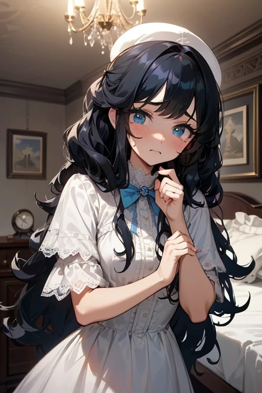 (masterpiece, best quality), warm lighting, blurry foreground, 1 girl, cowboy shot, ((white lace dress)), (((fluffy hair))), makeup, finely detailed, (best quality), (intricate details), ((Long jet black hair)), ((Hair is fluffy)), best quality, (PJs), ((round eyes)), beautiful face, cute face, pinup, perfect face, (((blue eyes))), ((curly long hair)), ((scared expression)), (In victorian style bedroom, in bed), (staring at POV scared), (((Hair with no accesories or hats))), pink bed