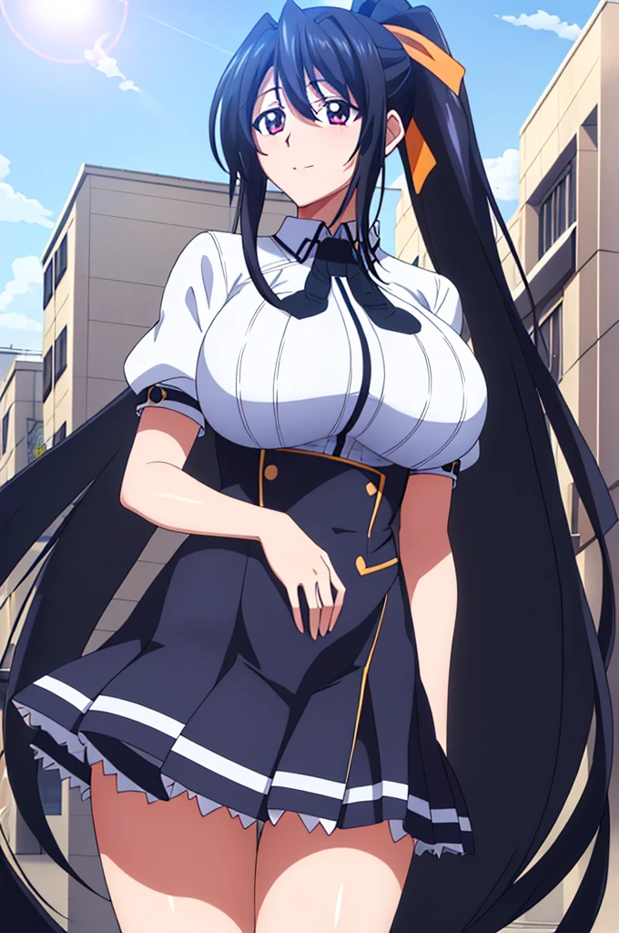 (Day), On campus,Blue sky with clouds, 
(Upright immobile posture),
black_Cape,black neckwear,White shirt,short_sleeve, Sailor_collar,Red pleated skirt,,
black hair, pink eye, とても長いhair,hair_between_eye,ponytail,黄color_hair_ribbon,
1 girl, 20 years,young woman,beautiful Finger,beautiful long legs,beautiful body,beautiful Nose,beautiful character design, perfect eye, perfect face,expressive eye,
View Viewer,(upper_body),(Focus on her face),
Official Art,Highly detailed CG Unity 8k wallpaper, Perfect lighting,colorful, bright_front_face_Lighting,Shiny skin, 
(masterpiece:1.0),(Highest_quality:1.0), 超High resolution,4K,Super detailed,
photograph, 8k, High resolution, High resolution, Absurd:1.2, Kodak Portrait 400, Film Grain, Blurred Background, Bokeh:1.2, Lens flare, (Vibrant_color:1.2)
(beautiful,big_chest:1.4), (beautiful_face:1.5),(narrow_Waist),