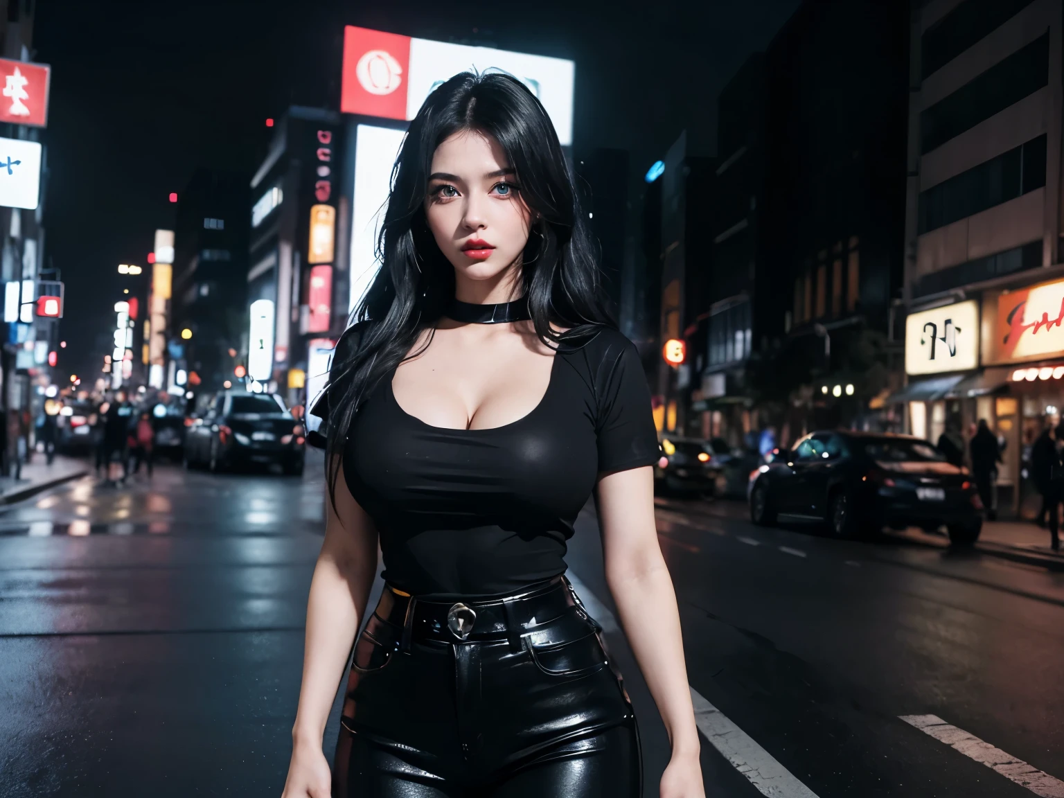 1girl, (Blue Eyes), (serious face :1.2), (Sana Minatozaki), (black makeup :1.2), (black eyeliner :1.2), wide hips, Big tits, big ass, (thin waist: 1.2), (thick and toned thighs), (Best Quality, 8k, Masterpiece: 1.3), Clear Focus: 1.2, Perfect Body Beauty: 1.4, strong abs, Highly detailed face and skin texture, detailed eyes, double eyelids, red lips, (black long straight hair :1.3), (cleavage black t-shirt :1.3), jeans, (close-up at face :1.3) in a street of tokyo at night, buildings illuminated by signs in the background