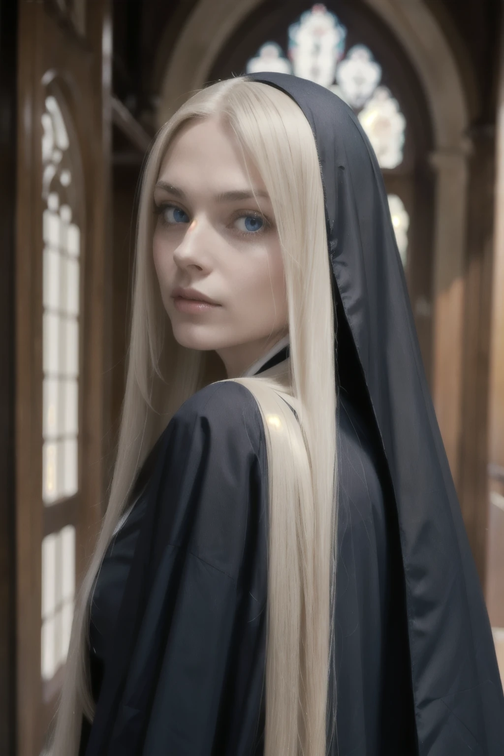 a 50 year old mysterious, dark, woman, nun, Pure blond straight hair, (long hair) (((straight hair))), Detailed hair, Blue Eyes, beautiful eyes, light on the face, pale skin,