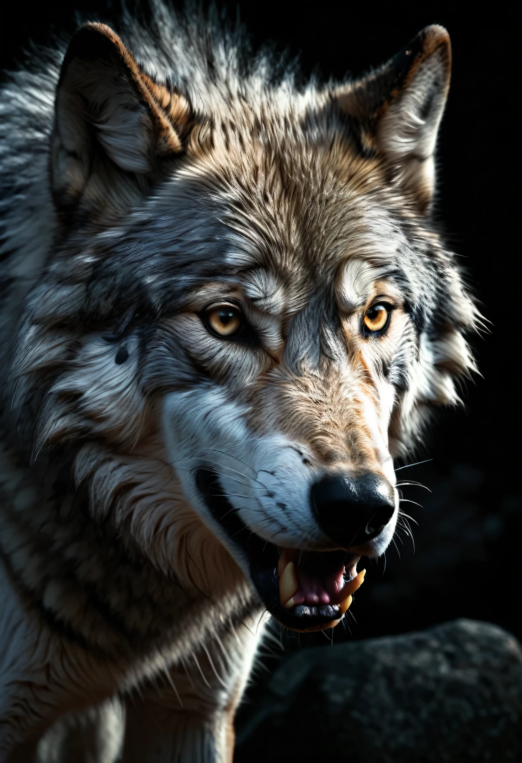 (masterpiece, (best quality,highres:1.2), wolf, detailed fur, howling wolf, wolf in wilderness, detailed eyes, detailed nose, detailed mouth, alpha wolf, majestic wolf, powerful wolf, cinematic lighting, dramatic lighting, moody lighting, dark and gloomy, dramatic shadows, cinematic composition, realistic textures, photorealistic, award winning, intricate details, highly detailed, stunning details, incredible details)