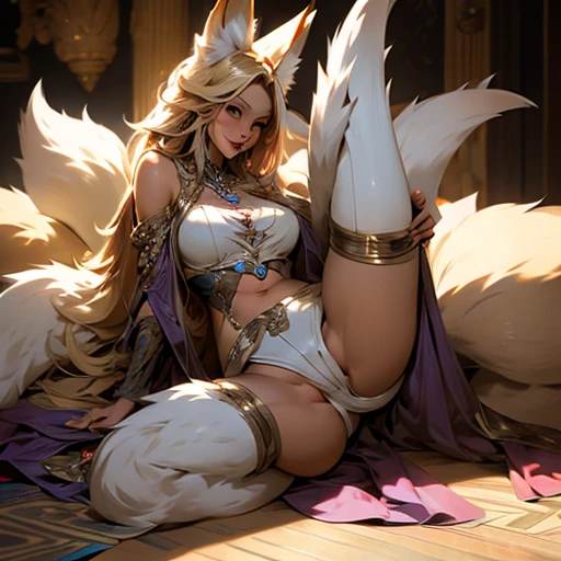 Blonde woman in tube top and hot pants Fox ears and tail Spread your legs