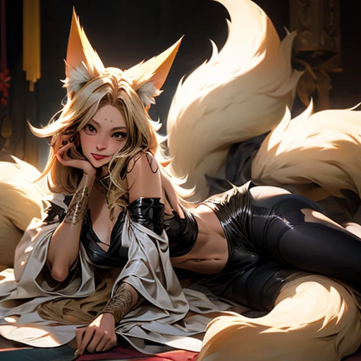 Blonde woman in tube top and hot pants Fox ears and tail Spread your legs
