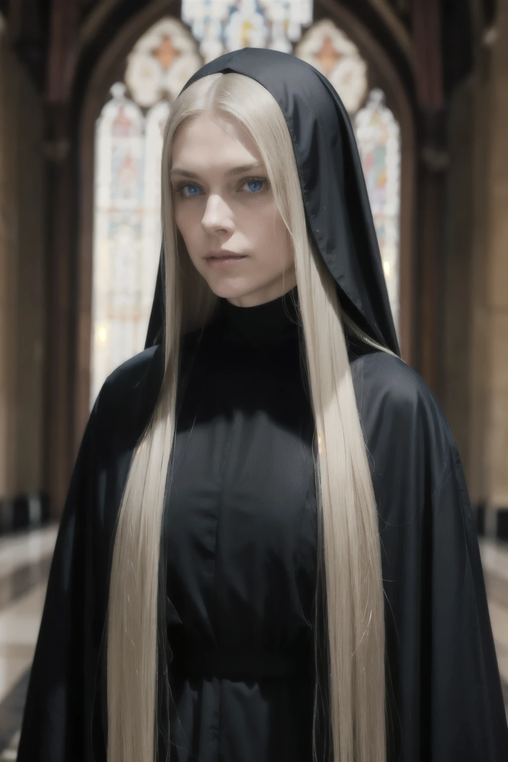 a 50 year old mysterious, dark, woman, nun, Pure blond straight hair, (long hair) (((straight hair))), Detailed hair, Blue Eyes, beautiful eyes, light on the face, pale skin, 