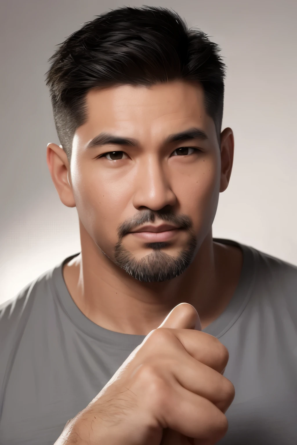 Realistic 3d caricature, big head. 40 year old Indonesian man, tall, slightly thin body, oval face shape, handsome, slightly round eyes, brown skin, white hair with a crew cut. Wearing a black t-shirt, body position clearly visible, gray background, right hand touching the middle of the forehead with the index finger, using soft photographic lighting, with hair light, edge light and top light, photo with very high detail.