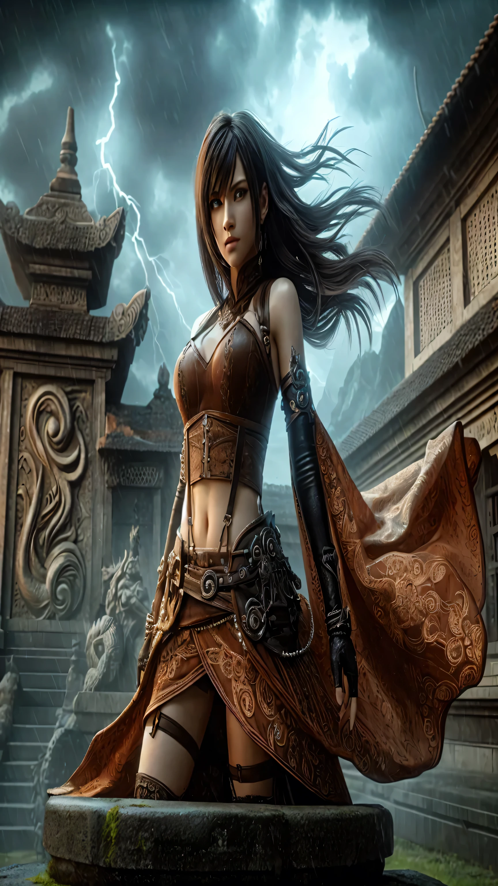 best quality, masterpiece:1.2), ultra high res, realistic, front lighting, intricate detail, Exquisite details and textures, 1girl, solo, face highlight, upper body, detailed face, ponytail, looking at viewer, Mmasterpiece, {extremely detailed CG unity 8k wallpaper}, Amazing, finely detail, solo, detailed background, beautiful detailed eyes, cleavage, bright pupils, {{full body}, }, dynamic pose, looking at viewer, detailed clothes, cinematic lighting, close-up, best quality, Masterpiece quality, best quality, high_quality, high_resolution, masterpiece*portait, whitespace, colorful, 1girl, solo, black_hair, prism hair, realistic eyes, realistic eyes, full_body, realistic hand, realistic finger, good finger, real texture, real image, serious, masterpiece realistic