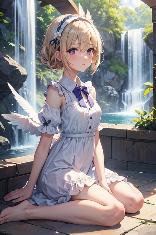 feathers, rating:safe, white_feathers, feathered_wings, 1girl, white_wings, short hair, hair up, tied hair, angel_wings, halo, very_long_hair, wings, angel, solo, dress, sitting, dove, blonde_hair, purple_eyes, eyebrows_visible_through_hair, water, bangs, bow, looking_at_viewer, closed_mouth, hair_between_eyes, short_sleeves, hair_intakes, day, blush, flower, barefoot, frills, breasts, hairband, puffy_short_sleeves, indoors, full_body, blue_bow, white_dress, soaking_feet, animal, outdoors, hair_bow, birdcage, cage, blue_dress, small_breasts, hair_ornament, backlighting, puffy_sleeves, frilled_dress, sunlight, reflection, sky, fountain, white_flower, sunbeam, waterfall