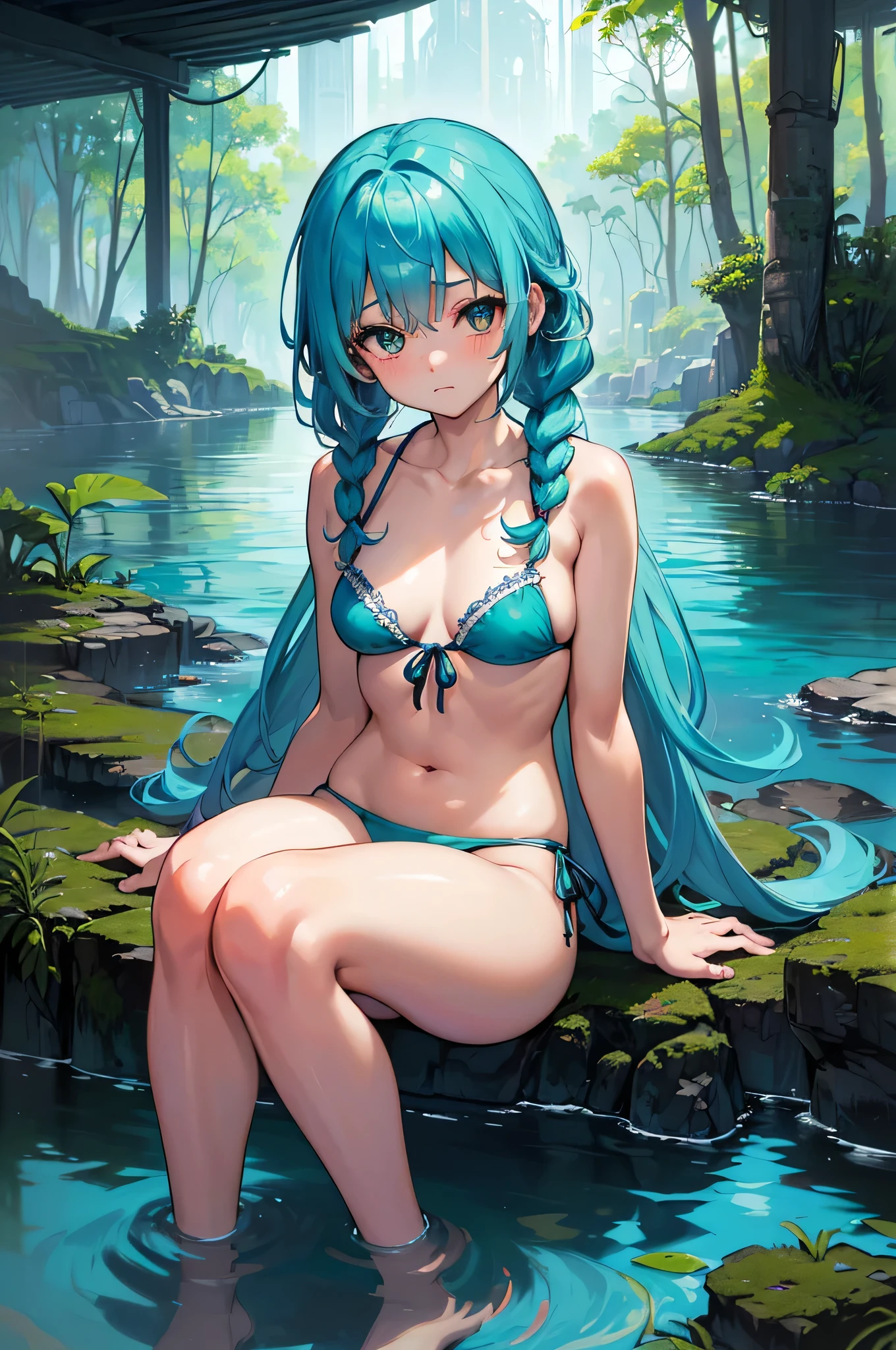 All realistic intricate details: "(medium shot, (1 nudegirl only), Aqua COLOR hair, blush, measurements 91 60 90, (mischievous expression), sitting near a cenote whith open legs, clavicle, arcane, short venus Bikini, twin braids, love pose, Side and natural lighting, In the background a cenote in the middle of the jungle, (image captured with: Canon EOS R50 camera with Canon R50 RF-S 18-45mm IS STM lens))"