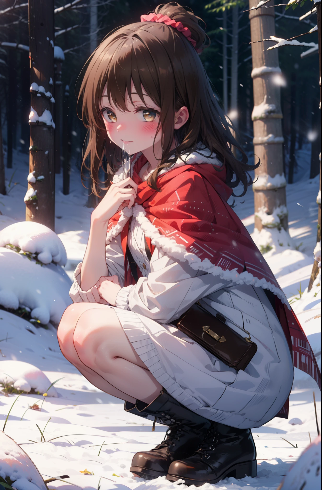 Follow Us, Yuki mandarin orange, (Brown eyes:1.5), Brown Hair, hair ornaments, hair Scrunchie, Long Hair, pink Scrunchie, Scrunchie, (Flat Chest:1.2),smile,,smile,blush,White Breath,
Open your mouth,snow,Ground bonfire, Outdoor, boots, snowing, From the side, wood, suitcase, Cape, Blurred, , forest, White handbag, nature, Squat, Mouth closed, Cape, winter, Written boundary depth, Black shoes, red Cape break looking at viewer, Upper Body, whole body, break Outdoor, forest, nature, break (masterpiece:1.2), highest quality, High resolution, unity 8k wallpaper, (shape:0.8), (Beautiful and beautiful eyes:1.6), Highly detailed face, Perfect lighting, Highly detailed CG, (Perfect hands, Perfect Anatomy),