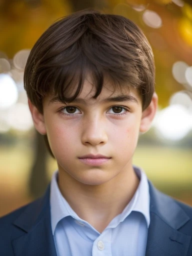 A boy, rasgos finos, rasgos hermosos, rasgos delicados, muy hermoso y tierno, rasgos europeos, piel blanca, ojos azules, light brown hair, mirada triste, melancholic look, mirada tierna, in autumn, en el campo, cielo nublado, llovisna 14 years olt very strong